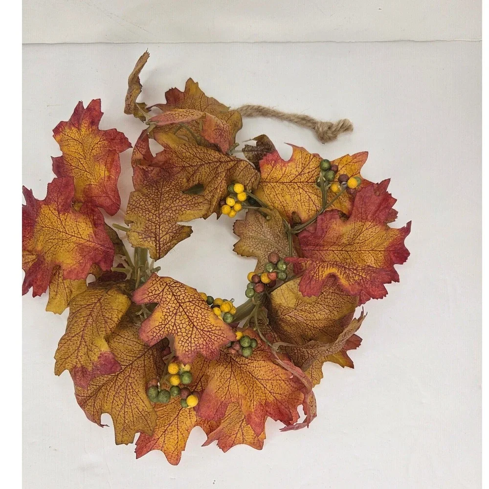 Fall Harvest Candle Ring Autumn Leaves Wreath Foliage Decor